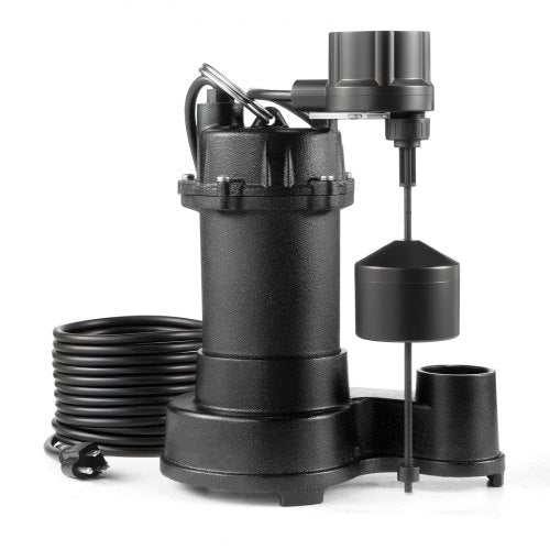 Submersible Sewage Pump, 1/3 HP, 3000 GPH Cast Iron Sewage/Effluent Pump with Automatic Float Switch, 1.5-Inch NPT Discharge, 120V, 25 ft Lift, for Basement, Septic Tank, Residential Sump Basin