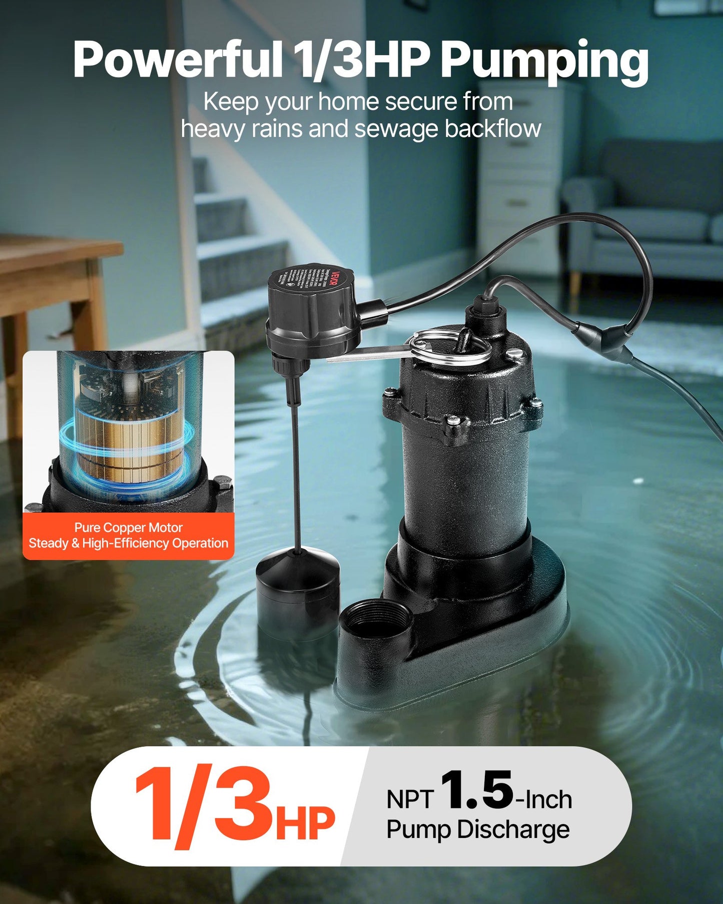 Submersible Sewage Pump, 1/3 HP, 3000 GPH Cast Iron Sewage/Effluent Pump with Automatic Float Switch, 1.5-Inch NPT Discharge, 120V, 25 ft Lift, for Basement, Septic Tank, Residential Sump Basin