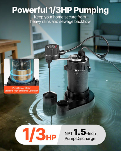 Submersible Sewage Pump, 1/3 HP, 3000 GPH Cast Iron Sewage/Effluent Pump with Automatic Float Switch, 1.5-Inch NPT Discharge, 120V, 25 ft Lift, for Basement, Septic Tank, Residential Sump Basin