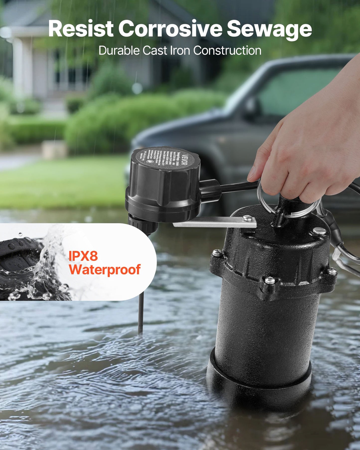 Submersible Sewage Pump, 1/3 HP, 3000 GPH Cast Iron Sewage/Effluent Pump with Automatic Float Switch, 1.5-Inch NPT Discharge, 120V, 25 ft Lift, for Basement, Septic Tank, Residential Sump Basin