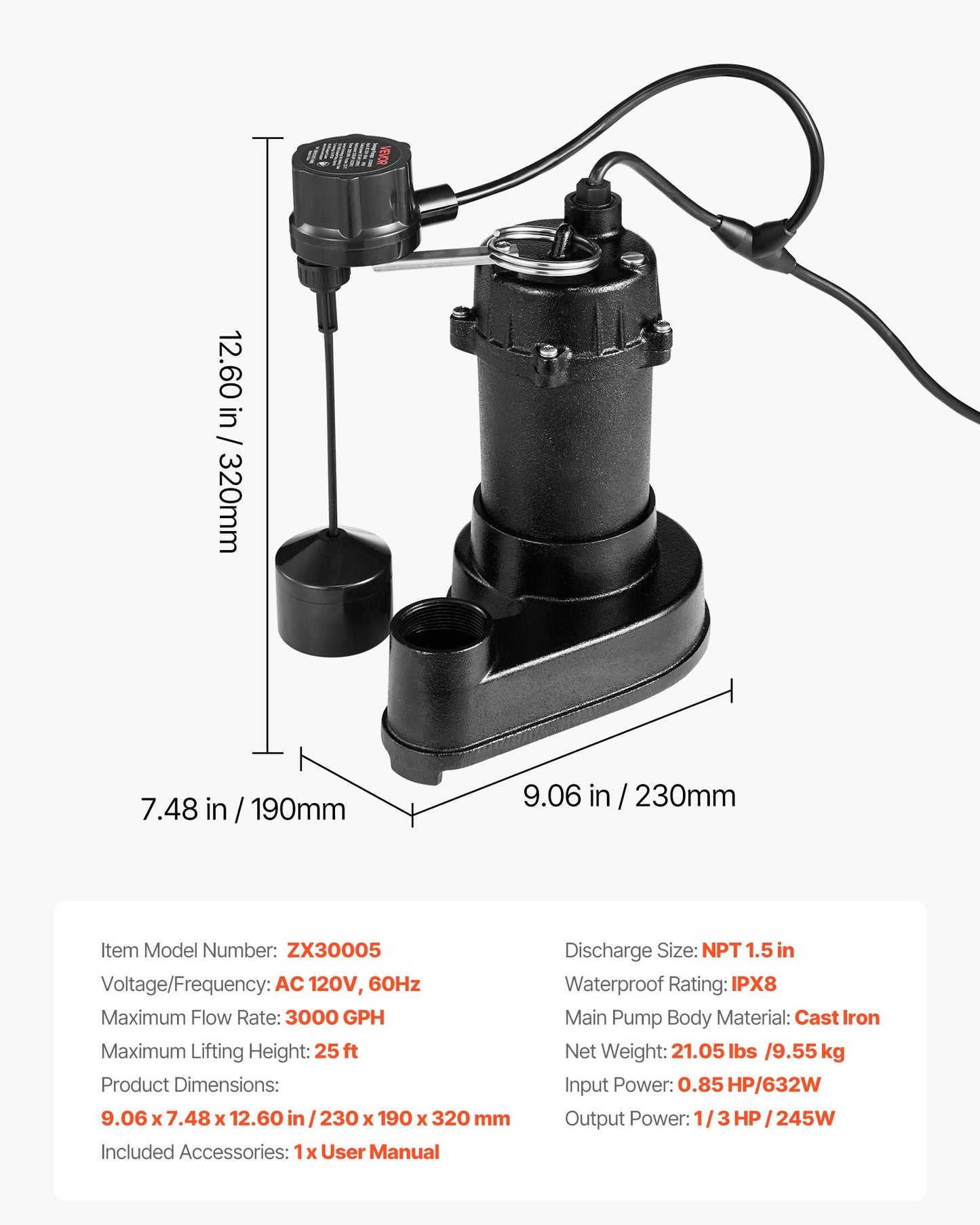 Submersible Sewage Pump, 1/3 HP, 3000 GPH Cast Iron Sewage/Effluent Pump with Automatic Float Switch, 1.5-Inch NPT Discharge, 120V, 25 ft Lift, for Basement, Septic Tank, Residential Sump Basin