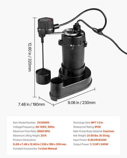 Submersible Sewage Pump, 1/3 HP, 3000 GPH Cast Iron Sewage/Effluent Pump with Automatic Float Switch, 1.5-Inch NPT Discharge, 120V, 25 ft Lift, for Basement, Septic Tank, Residential Sump Basin