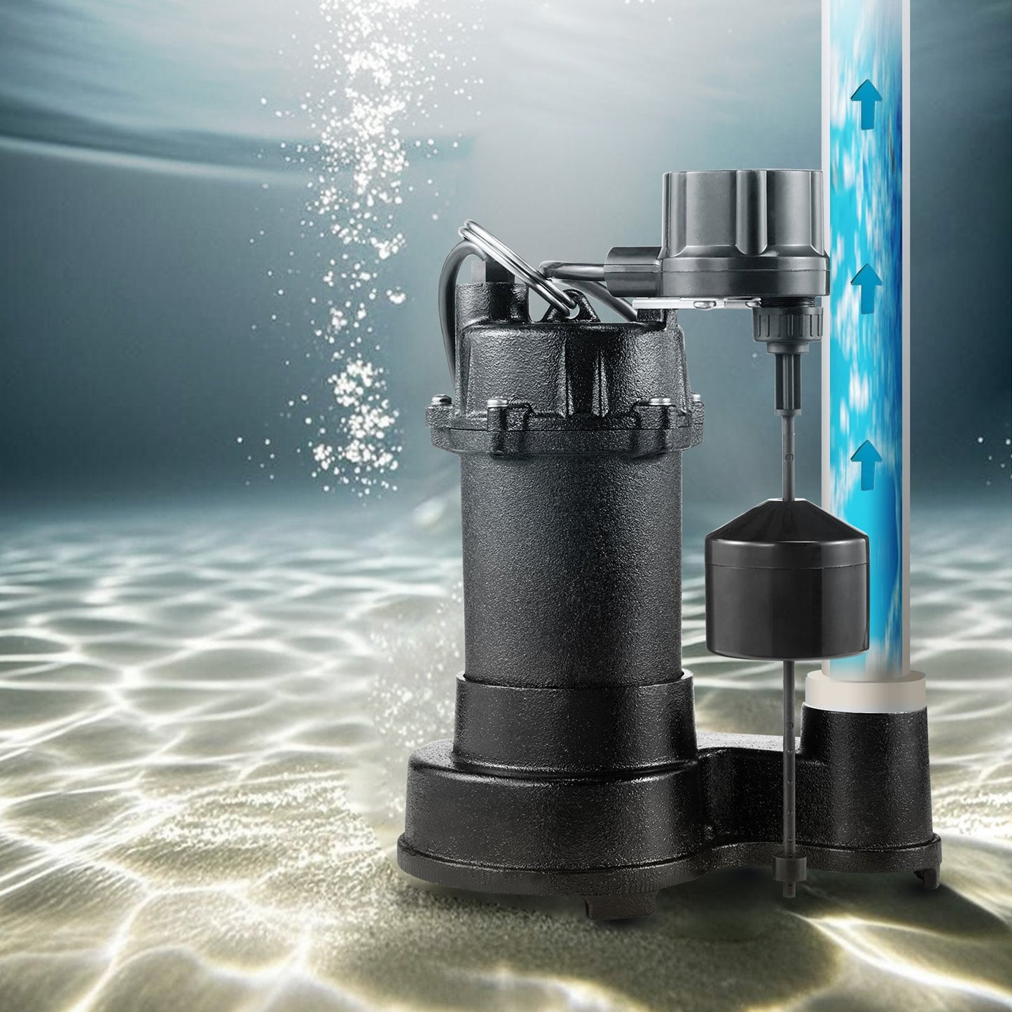 Submersible Sewage Pump, 1/3 HP, 3000 GPH Cast Iron Sewage/Effluent Pump with Automatic Float Switch, 1.5-Inch NPT Discharge, 120V, 25 ft Lift, for Basement, Septic Tank, Residential Sump Basin