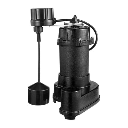 Submersible Sewage Pump, 1/3 HP, 3000 GPH Cast Iron Sewage/Effluent Pump with Automatic Float Switch, 1.5-Inch NPT Discharge, 120V, 25 ft Lift, for Basement, Septic Tank, Residential Sump Basin