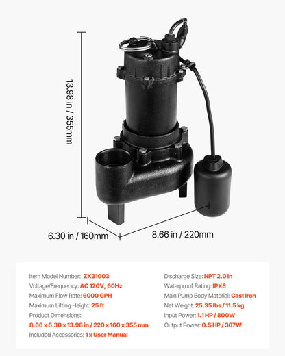 Submersible Sewage Pump, 1/2 HP, 6000 GPH Cast Iron Sewage/Effluent Pump with Automatic Tethered Float Switch, 2-Inch NPT Discharge, 120V, 25 ft Max Lift, for Basement, Septic Tank, Residential
