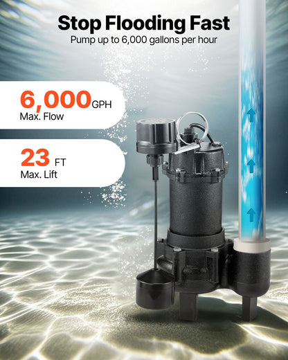 Submersible Sewage Pump, 3/4 HP, 6000 GPH Cast Iron Sewage/Effluent Pump with Automatic Tethered Float Switch, 2-Inch NPT Discharge, 120V, 23 ft Max Lift, for Basement, Septic Tank, Residential