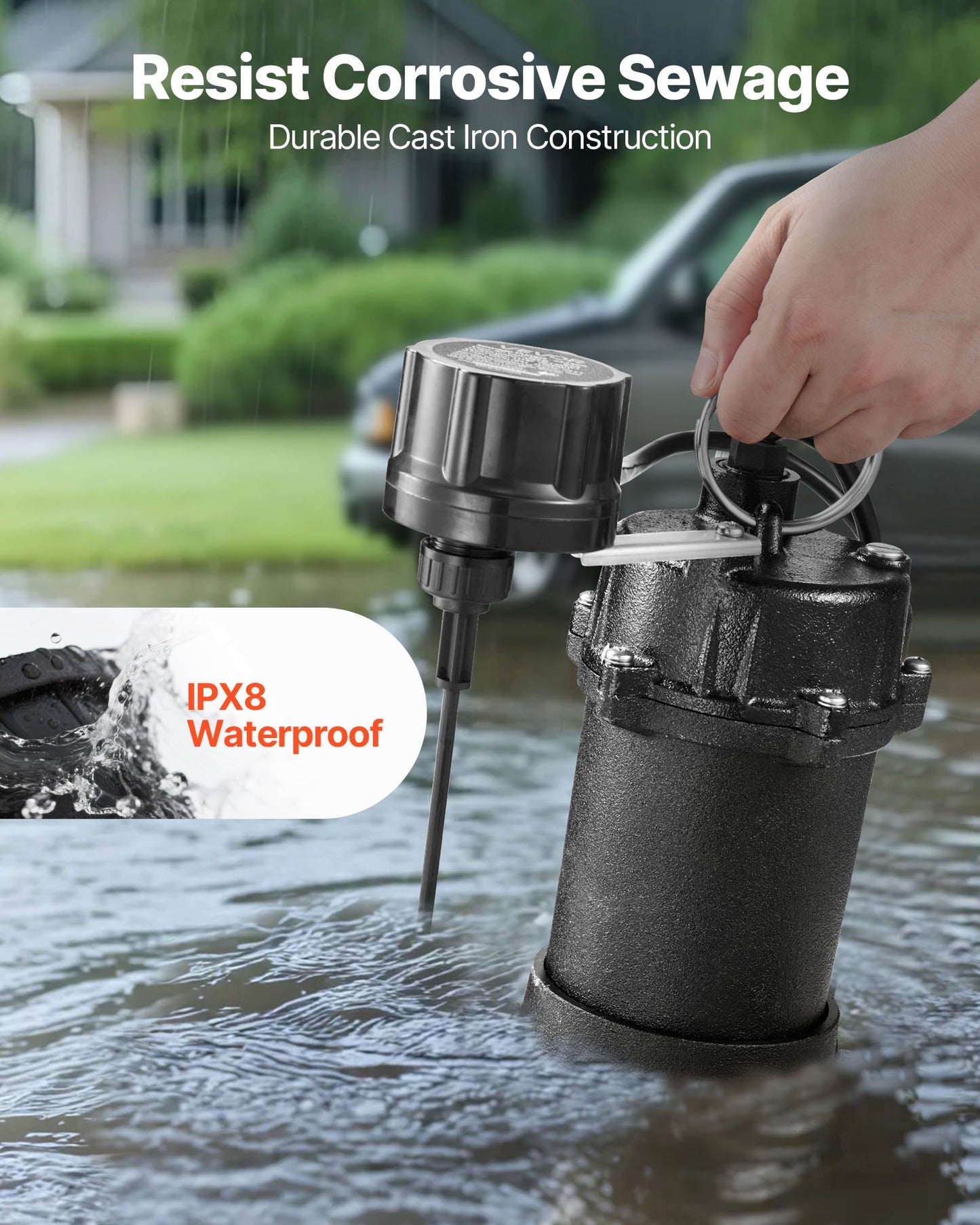 Submersible Sewage Pump, 3/4 HP, 6000 GPH Cast Iron Sewage/Effluent Pump with Automatic Tethered Float Switch, 2-Inch NPT Discharge, 120V, 23 ft Max Lift, for Basement, Septic Tank, Residential