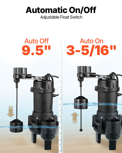 Submersible Sewage Pump, 3/4 HP, 6000 GPH Cast Iron Sewage/Effluent Pump with Automatic Tethered Float Switch, 2-Inch NPT Discharge, 120V, 23 ft Max Lift, for Basement, Septic Tank, Residential