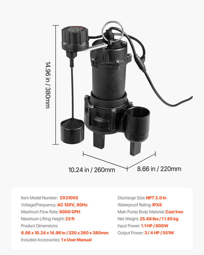 Submersible Sewage Pump, 3/4 HP, 6000 GPH Cast Iron Sewage/Effluent Pump with Automatic Tethered Float Switch, 2-Inch NPT Discharge, 120V, 23 ft Max Lift, for Basement, Septic Tank, Residential