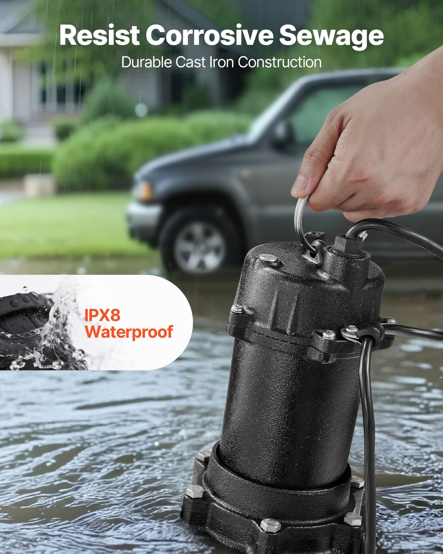 Submersible Sewage Pump, 1/2 HP, 4800 GPH Cast Iron Sewage/Effluent Pump with Automatic Tethered Float Switch, 2-Inch NPT Discharge, 120V, 20 ft Max Lift, for Basement, Septic Tank, Residential