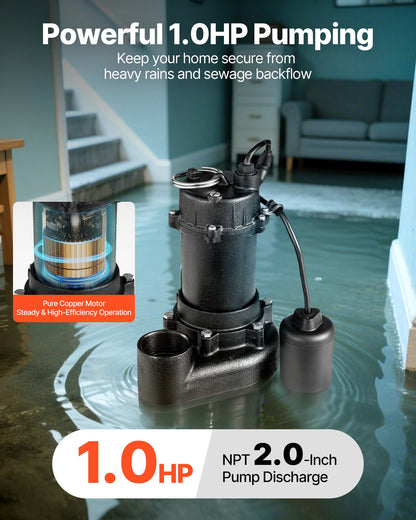 Submersible Sewage Pump, 1 HP, 5200 GPH Cast Iron Sewage/Effluent Pump with Automatic Tethered Float Switch, 2-Inch NPT Discharge, 120V, 25 ft Max Lift, for Basement, Septic Tank, Residential