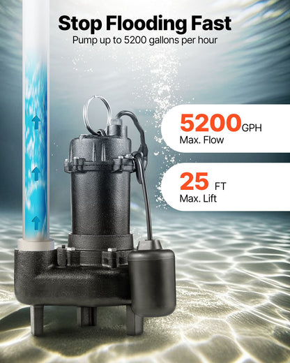 Submersible Sewage Pump, 1 HP, 5200 GPH Cast Iron Sewage/Effluent Pump with Automatic Tethered Float Switch, 2-Inch NPT Discharge, 120V, 25 ft Max Lift, for Basement, Septic Tank, Residential