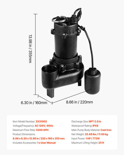 Submersible Sewage Pump, 1 HP, 5200 GPH Cast Iron Sewage/Effluent Pump with Automatic Tethered Float Switch, 2-Inch NPT Discharge, 120V, 25 ft Max Lift, for Basement, Septic Tank, Residential
