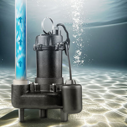 Submersible Sewage Pump, 1 HP, 5200 GPH Cast Iron Sewage/Effluent Pump with Automatic Tethered Float Switch, 2-Inch NPT Discharge, 120V, 25 ft Max Lift, for Basement, Septic Tank, Residential