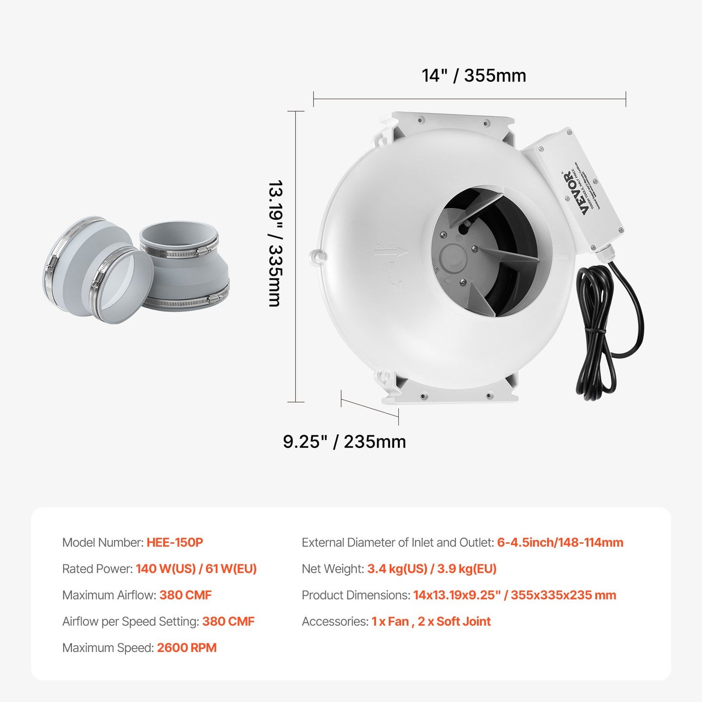 4" bis 4,5" Radon-Minderungs-Lüftersystem, leise, 380 CFM, Inline-Kanal, wasserdicht