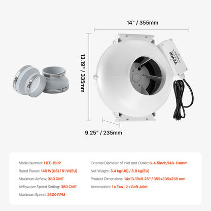 4" bis 4,5" Radon-Minderungs-Lüftersystem, leise, 380 CFM, Inline-Kanal, wasserdicht