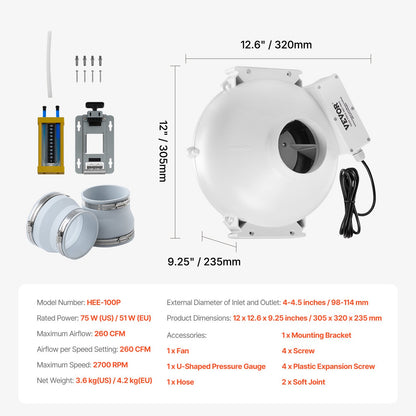 4" to 4.5" Radon Mitigation Fan System Kit Quiet 260 CFM Inline Duct Fan