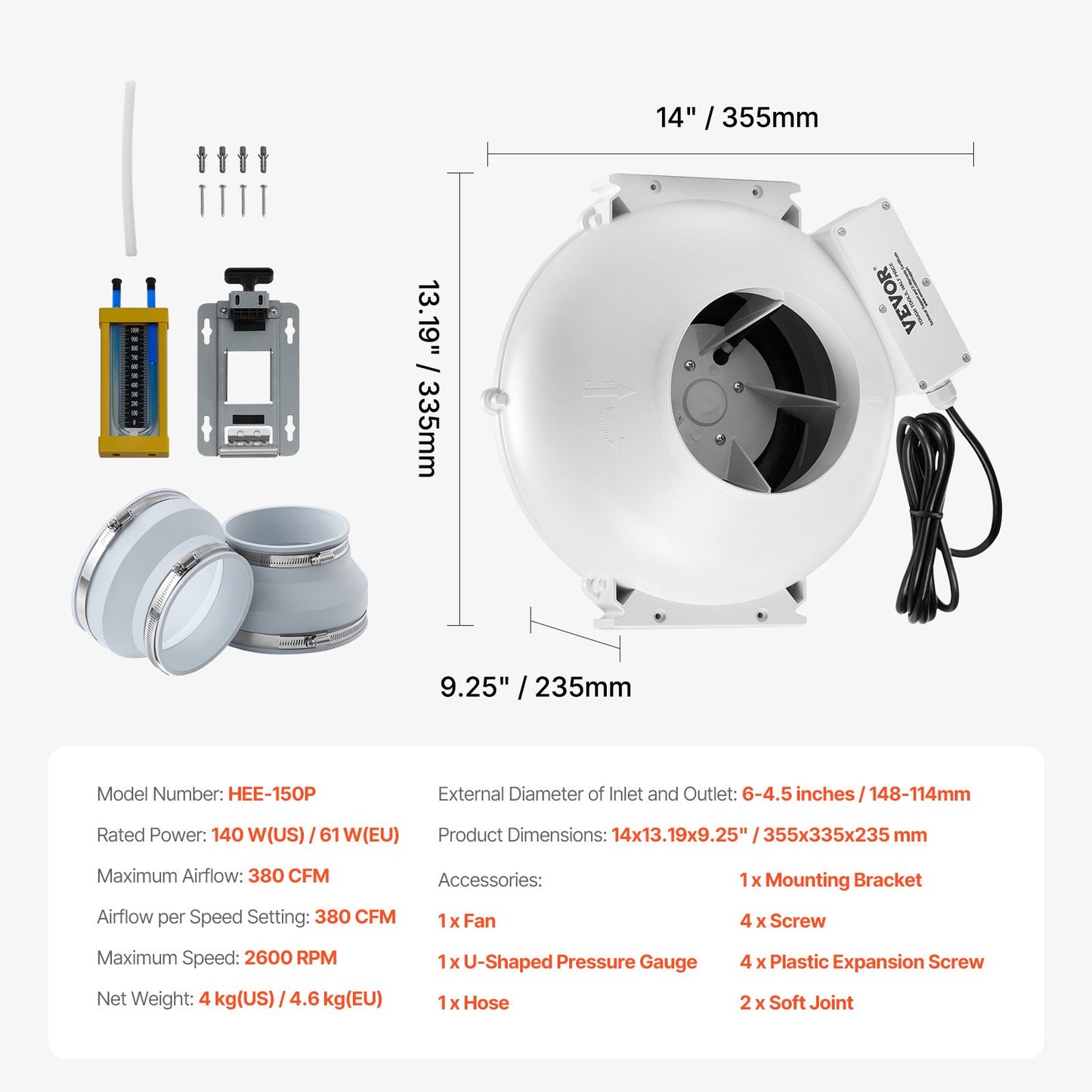 6" to 4.5" Radon Mitigation Fan System Kit Quiet 380 CFM Inline Duct Fan