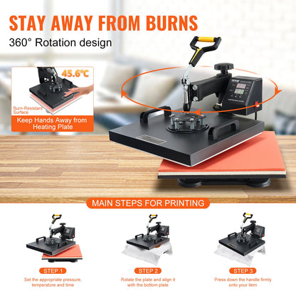 Wärmepresse, 15 x 15 Zoll/38 x 38 cm, 2-in-1-Clamshell-Sublimationstransferdrucker mit Teflonbeschichtung, digitale, präzise Wärmeregelung, Powerpress für T-Shirts, Hüte und Kappen