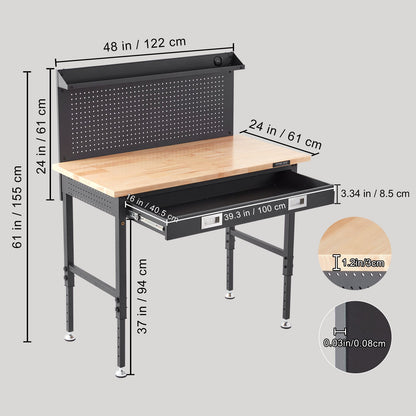 Workbench Adjustable Height 28-39.5" Work Bench For Garage Oak Plank & Carbon Steel Heavy Duty Workbench 2000lbs Weight Capacity Bench top Size 48x24" Hardwood Workbench 3m Cable 30 Hooks