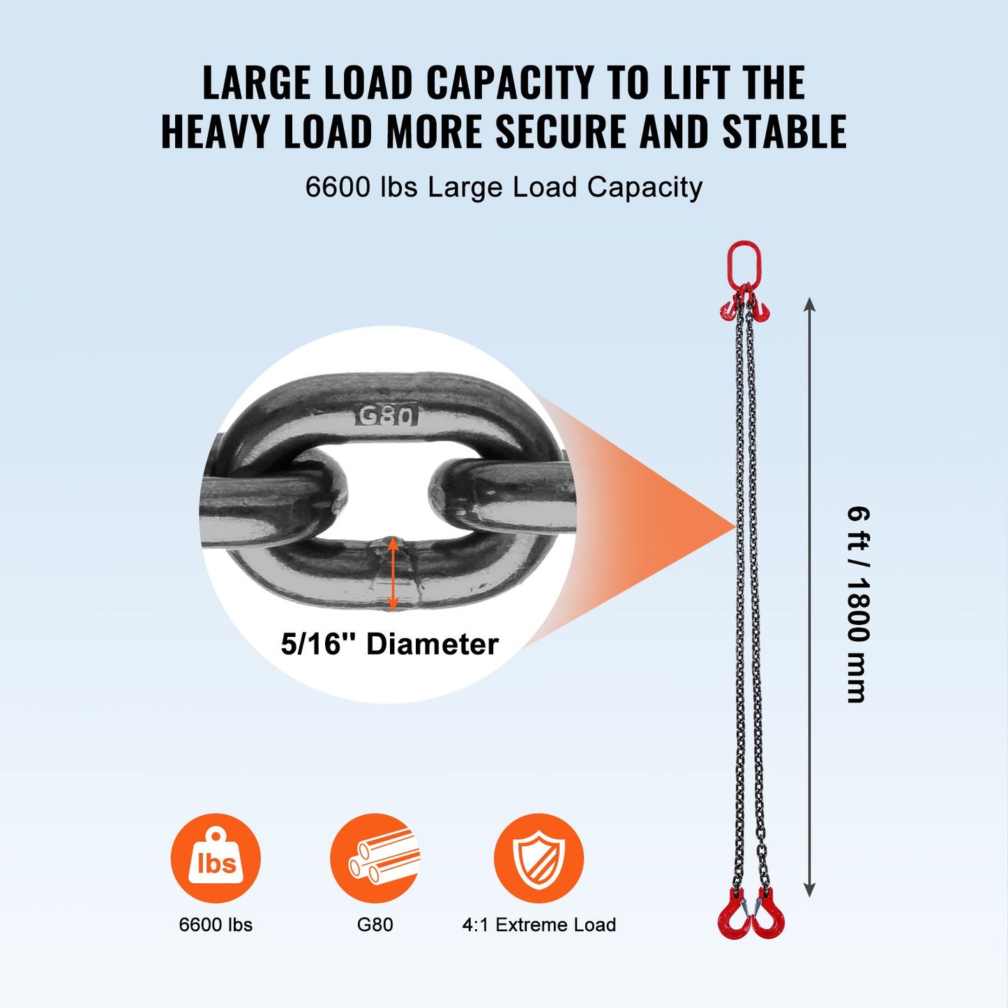 Chain Sling, 5/16 inch x 6 ft Lifting Chains with Hooks, G80 Engine Chain Hoist Lifts, 6600 lbs/3 Ton Lifting Sling Chains for Engine Hoist, Engine Lift Chain with 2 Leg Grab Hooks and Adjusters
