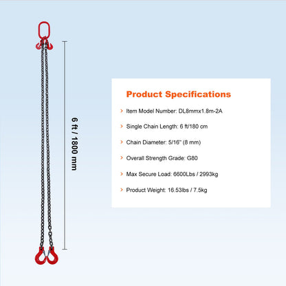 Chain Sling, 5/16 inch x 6 ft Lifting Chains with Hooks, G80 Engine Chain Hoist Lifts, 6600 lbs/3 Ton Lifting Sling Chains for Engine Hoist, Engine Lift Chain with 2 Leg Grab Hooks and Adjusters