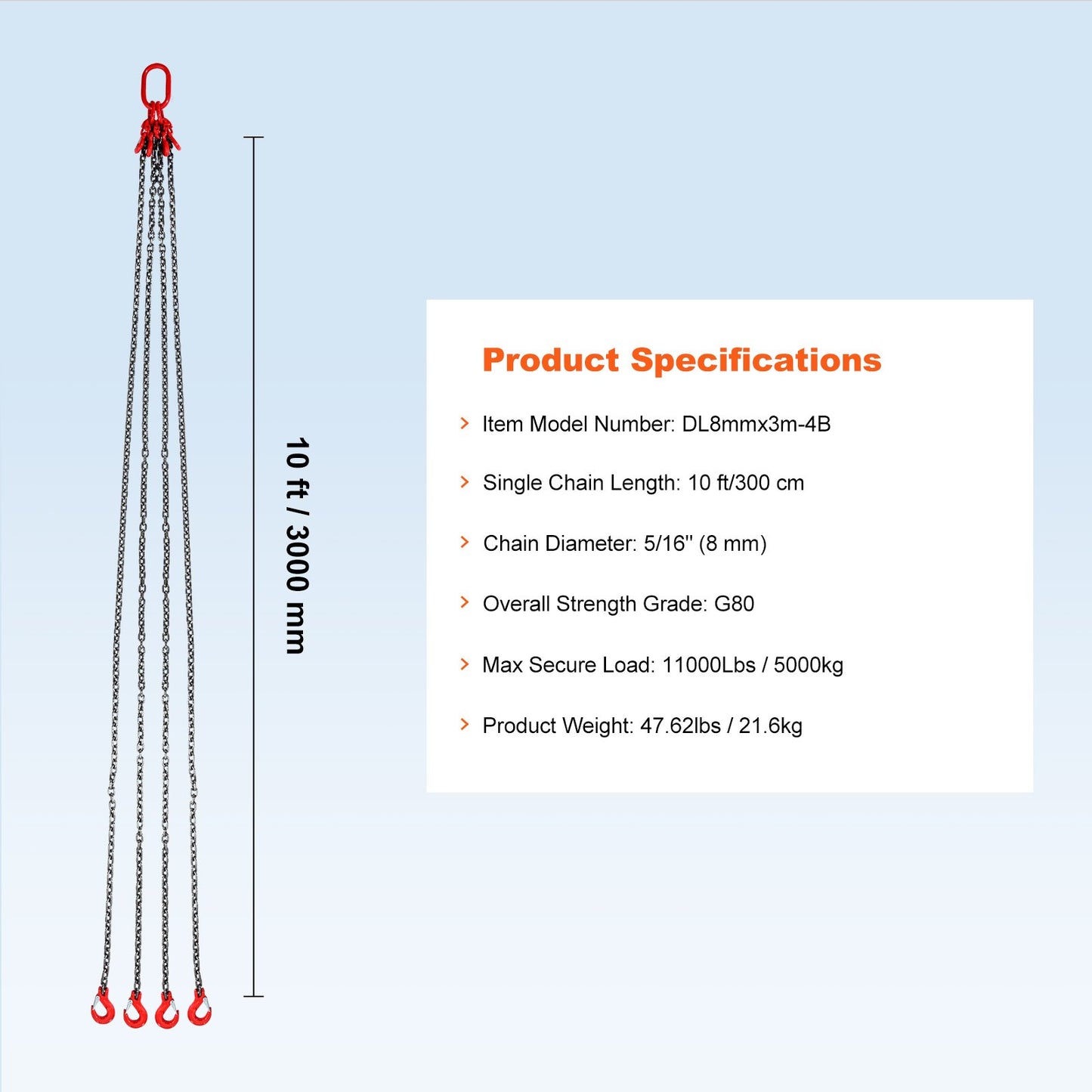5/16" x 10" kedjesling 4 ben G80 lyftkedja med gripkrokar 11000 lbs
