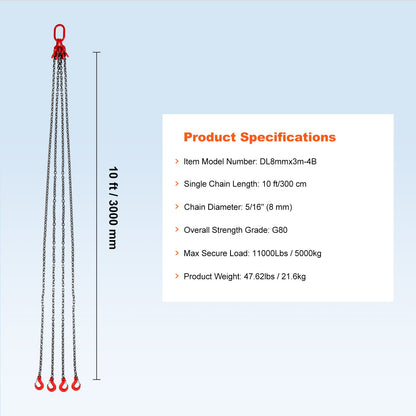 5/16" x 10" kedjesling 4 ben G80 lyftkedja med gripkrokar 11000 lbs