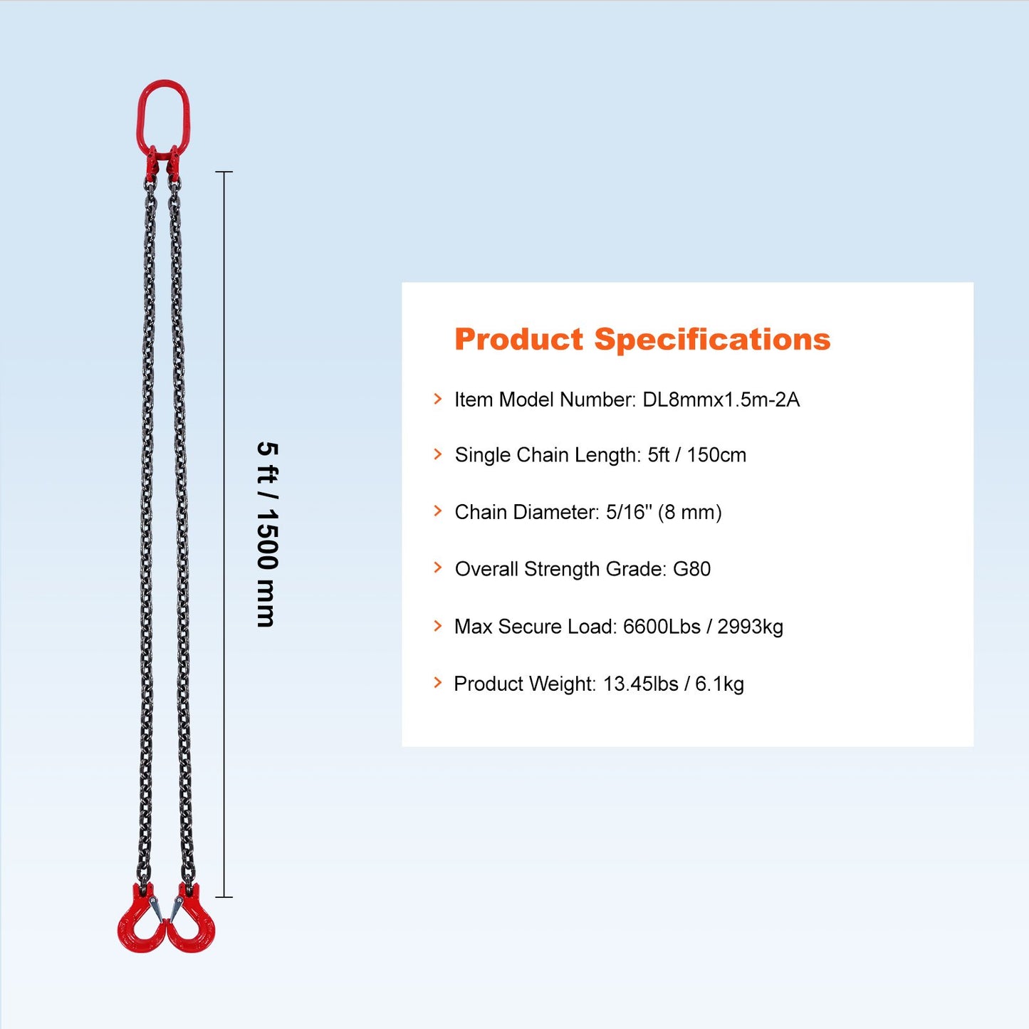 5/16" x 5" Chain Sling 2 Leg G80 Lifting Chain with Grab Hooks 6600 lbs