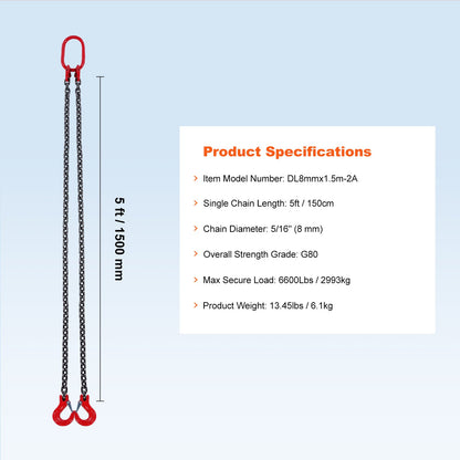 5/16" x 5" Chain Sling 2 Leg G80 Lifting Chain with Grab Hooks 6600 lbs