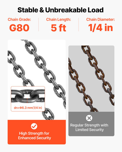 Chain Sling, 1/4 in x 5 ft Lifting Chains with 4 Leg Grab Hooks, Heavy Duty G80 Alloy Steel Lifting Sling, 6600LBS Capacity, Adjustable Engine Chain Hoist Lifts for Cargo Security Towing