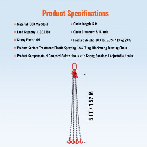 5/16" x 5' chain sling 4 legs G80 lifting chain with grab hooks 11000 lbs