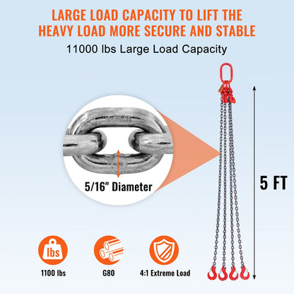 Chain Sling, 5/16 inch x 5 ft Lifting Chains with Hooks, G80 Engine Chain Hoist Lifts, 11000 lbs/5 Ton Lifting Sling Chains for Engine Hoist, Engine Lift Chain with 4 Leg Grab Hooks & Adjusters