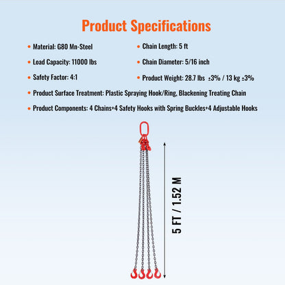 Chain Sling, 5/16 inch x 5 ft Lifting Chains with Hooks, G80 Engine Chain Hoist Lifts, 11000 lbs/5 Ton Lifting Sling Chains for Engine Hoist, Engine Lift Chain with 4 Leg Grab Hooks & Adjusters