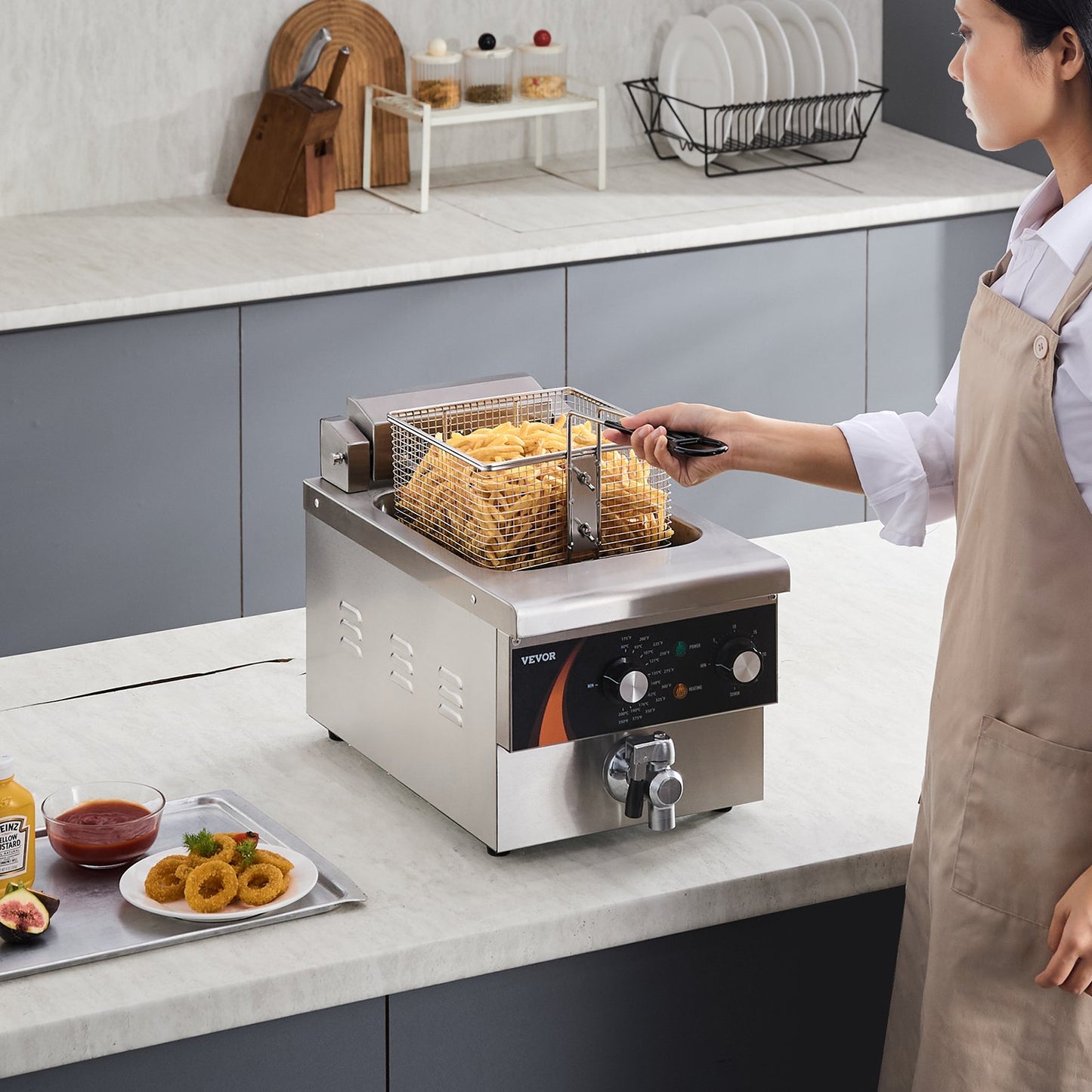 Commercial Deep Fryer, 1750W Electric Countertop Fryer with Basket, 9Qt /8.5 L Single Oil Fryer, 1mm Thickened Stainless Steel, Time & Temp Control, for Kitchen Restaurant Use, Silver