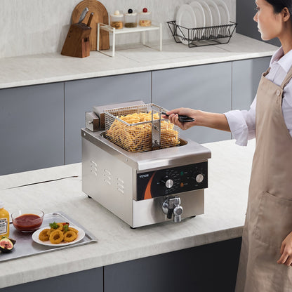 Commercial Deep Fryer, 1750W Electric Countertop Fryer with Basket, 9Qt /8.5 L Single Oil Fryer, 1mm Thickened Stainless Steel, Time & Temp Control, for Kitchen Restaurant Use, Silver