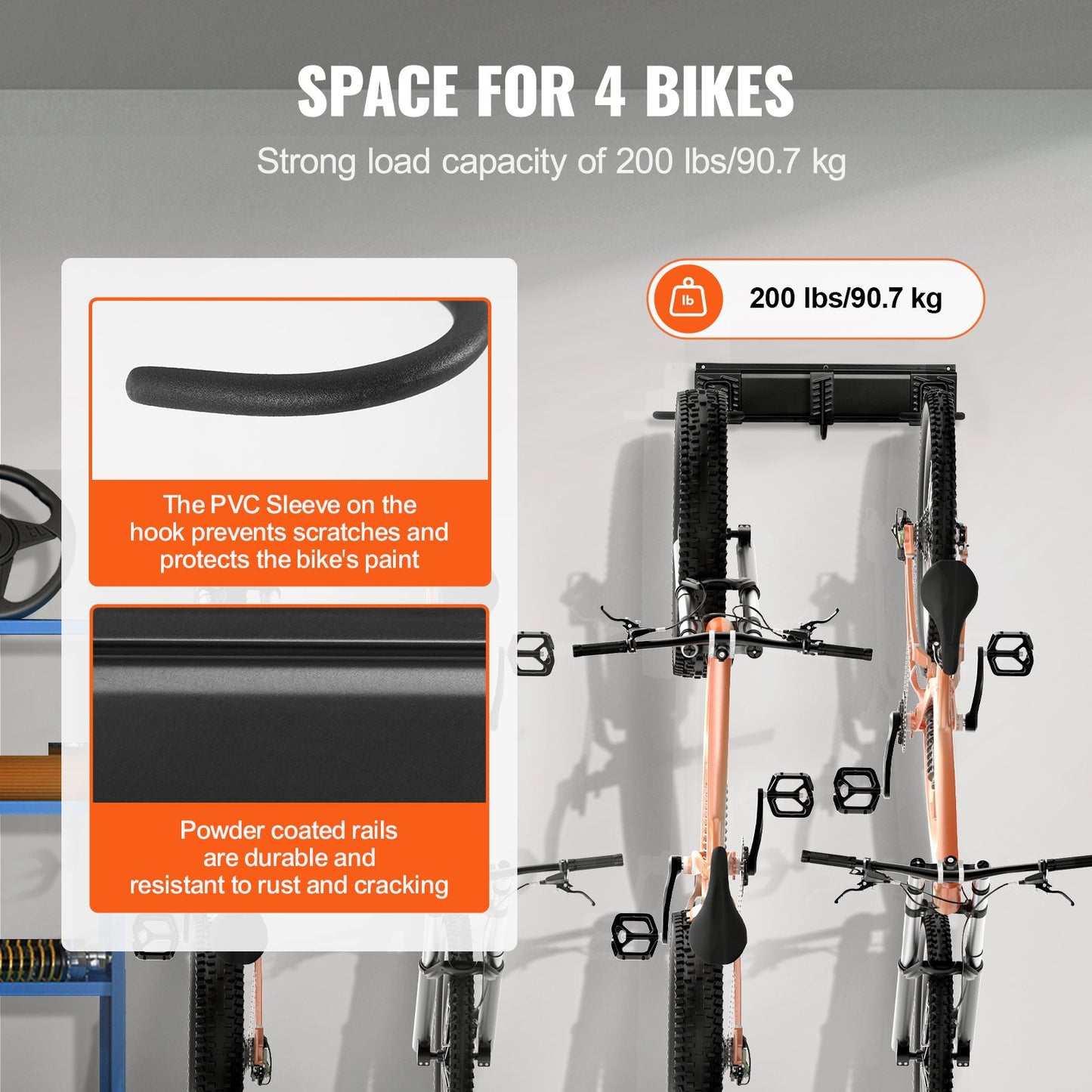 Bike Storage Rack, 4 Bike Racks and 2 Helmets Hooks, Wall Mount Bike Storage Hanger, Home & Garage Organizer, Customizable for Various Bike Sizes, Adjustable Holder, Holds Up to 200 lbs, 32-inch