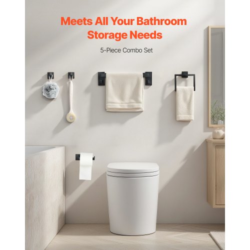 Mattsvart Badrumsbeslagset, 5 delar Badrumstillbehörsset, Handdukshängare i rostfritt stål 40 cm, Handduksställ, 2 Badrockskrokar, Toalettpappershållare för Badrum, Väggmonterad |  EU