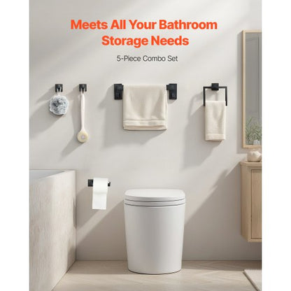 Mattsvart Badrumsbeslagset, 5 delar Badrumstillbehörsset, Handdukshängare i rostfritt stål 40 cm, Handduksställ, 2 Badrockskrokar, Toalettpappershållare för Badrum, Väggmonterad |  EU