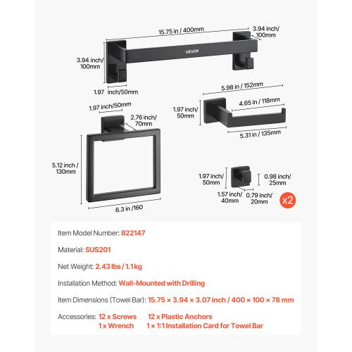 Mattsvart Badrumsbeslagset, 5 delar Badrumstillbehörsset, Handdukshängare i rostfritt stål 40 cm, Handduksställ, 2 Badrockskrokar, Toalettpappershållare för Badrum, Väggmonterad |  EU