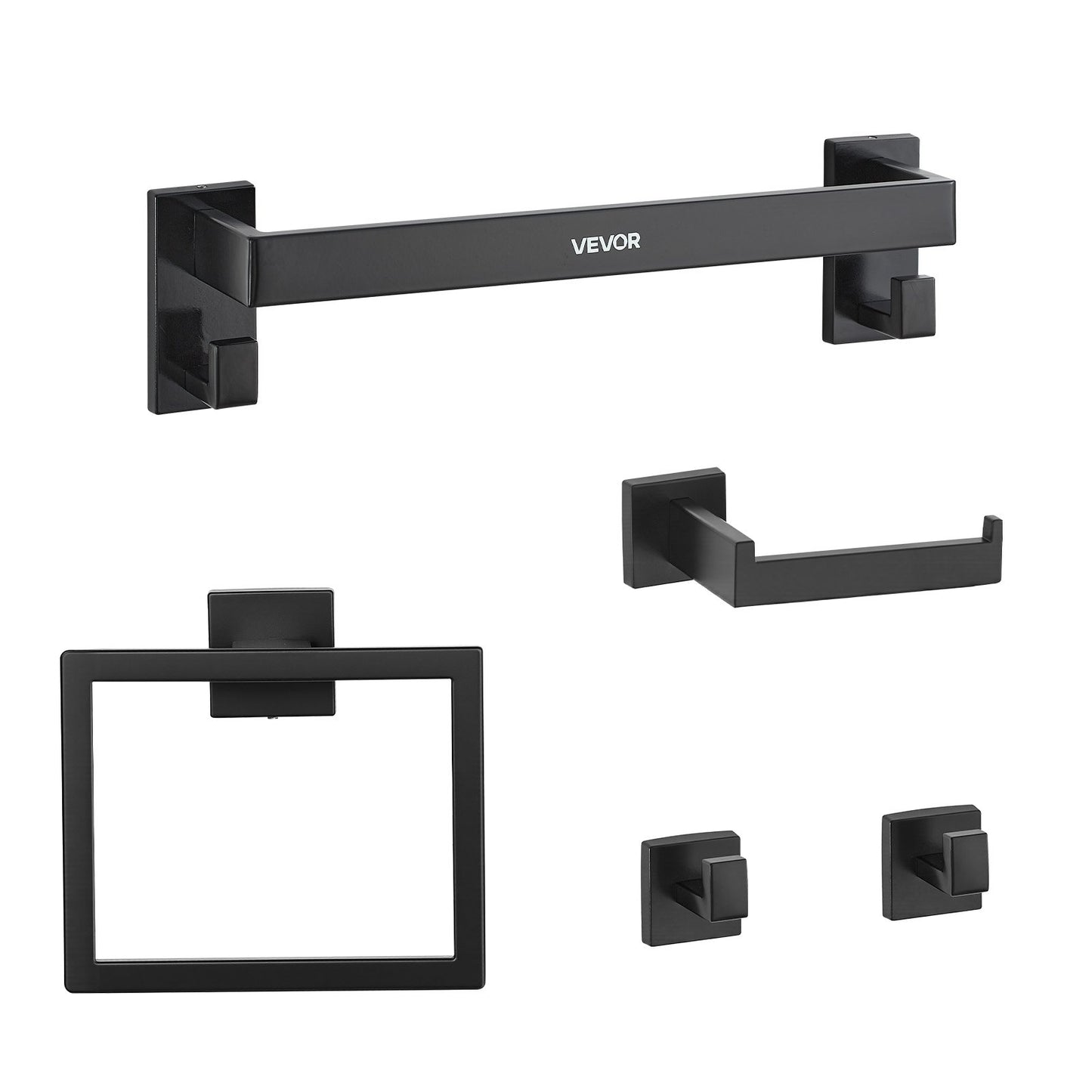 Matte Black Bathroom Hardware Set, 5 Pieces Bathroom Accessories Set, Stainless Steel 16 inch Towel Bar, Towel Rack, 2 Robe Towel Hooks, Toilet Paper Holder for Bath Room, Wall Mounted
