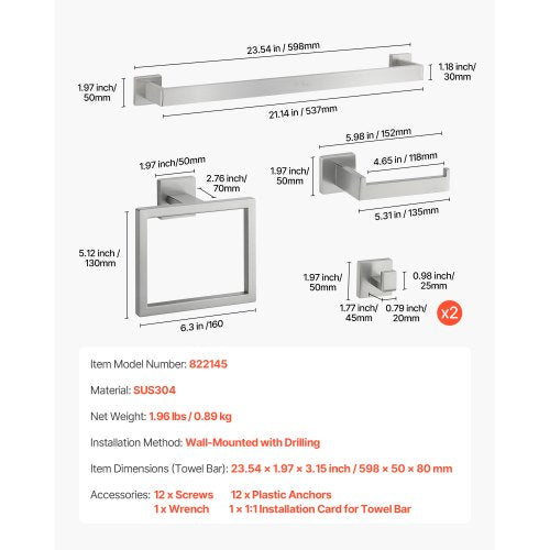 Badrumsbeslagset i borstad nickel, 5 delar badrumstillbehörsset, handdukshängare i rostfritt stål 24 tum, handduksställ, 2 badrockskrokar, toalettpappershållare för badrum, väggmonterad |  EU