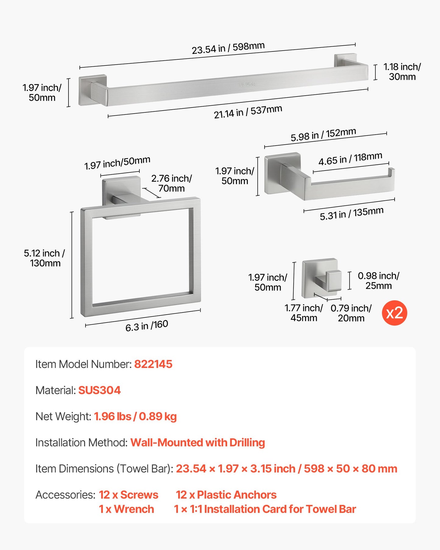 Brushed Nickel Bathroom Hardware Set, 5 Pieces Bathroom Accessories Set, Stainless Steel 24 inch Towel Bar, Towel Rack, 2 Robe Towel Hooks, Toilet Paper Holder for Bath Room, Wall Mounted