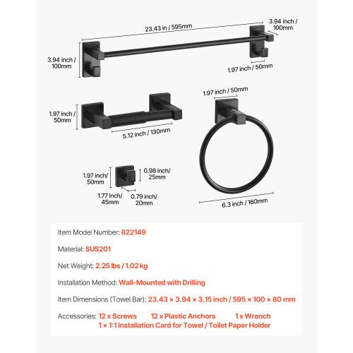 Mattsvart Badrumsbeslagset, 4 delar Badrumstillbehörsset i rostfritt stål, 24-tums handdukshängare, handduksring, badrockskrok, toalettpappershållare, för badrum, väggmonterad |  EU