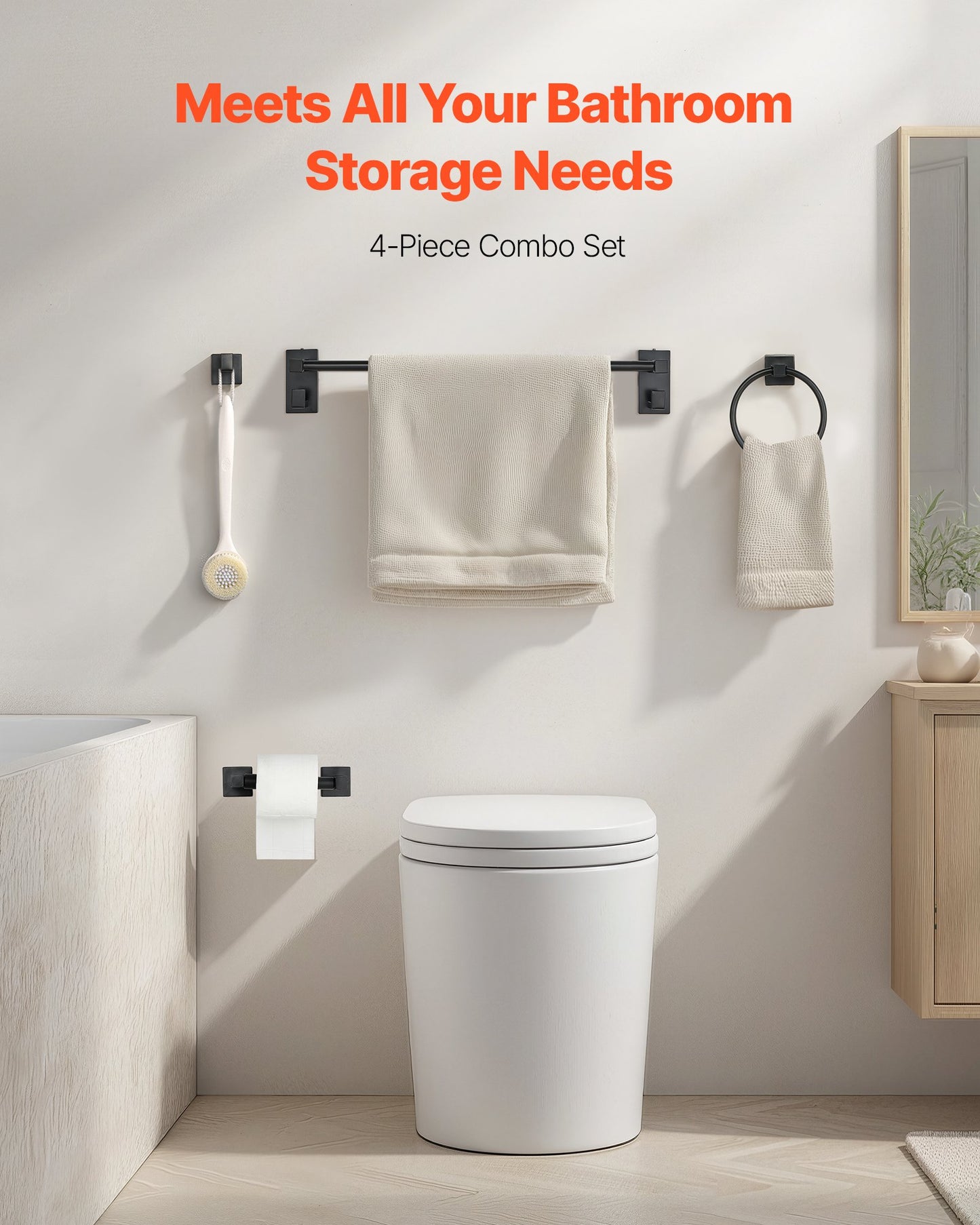 Matte Black Bathroom Hardware Set, 4 Pieces Stainless Steel Bathroom Accessories Set, 24-inch Towel Bar, Towel Ring, Robe Towel Hook, Toilet Paper Holder, for Bath Room, Wall Mounted