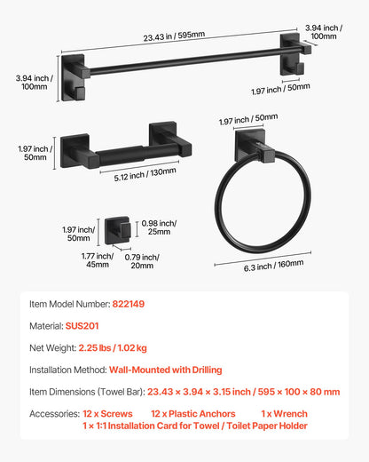 Matte Black Bathroom Hardware Set, 4 Pieces Stainless Steel Bathroom Accessories Set, 24-inch Towel Bar, Towel Ring, Robe Towel Hook, Toilet Paper Holder, for Bath Room, Wall Mounted