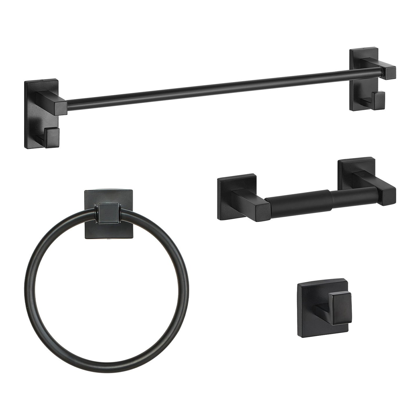 Matte Black Bathroom Hardware Set, 4 Pieces Stainless Steel Bathroom Accessories Set, 24-inch Towel Bar, Towel Ring, Robe Towel Hook, Toilet Paper Holder, for Bath Room, Wall Mounted