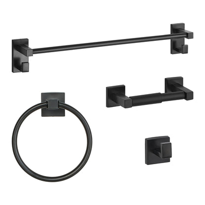 Matte Black Bathroom Hardware Set, 4 Pieces Stainless Steel Bathroom Accessories Set, 24-inch Towel Bar, Towel Ring, Robe Towel Hook, Toilet Paper Holder, for Bath Room, Wall Mounted