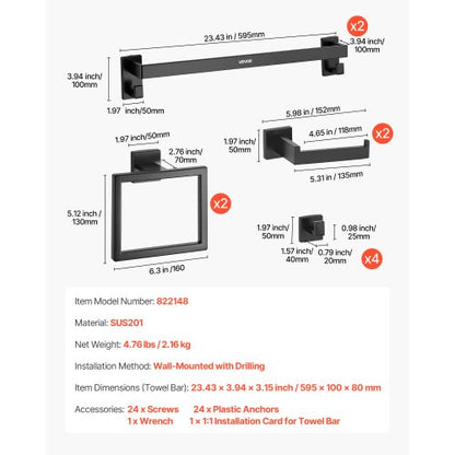 Mattsvart Badrumsbeslagset, 10-delars badrumstillbehörsset, 2 handdukshängare i rostfritt stål 24-tums, 2 handdukshängare, 4 handdukskrokar, 2 toalettpappershållare för badrum, väggmonterad |  EU