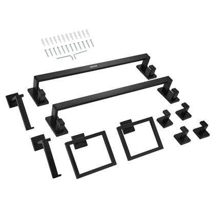 Matte Black Bathroom Hardware Set, 10-Piece Bathroom Accessories Set, 2 Stainless Steel 24-in Towel Bars, 2 Towel Racks, 4 Robe Towel Hooks, 2 Toilet Paper Holders for Bath Room, Wall Mounted